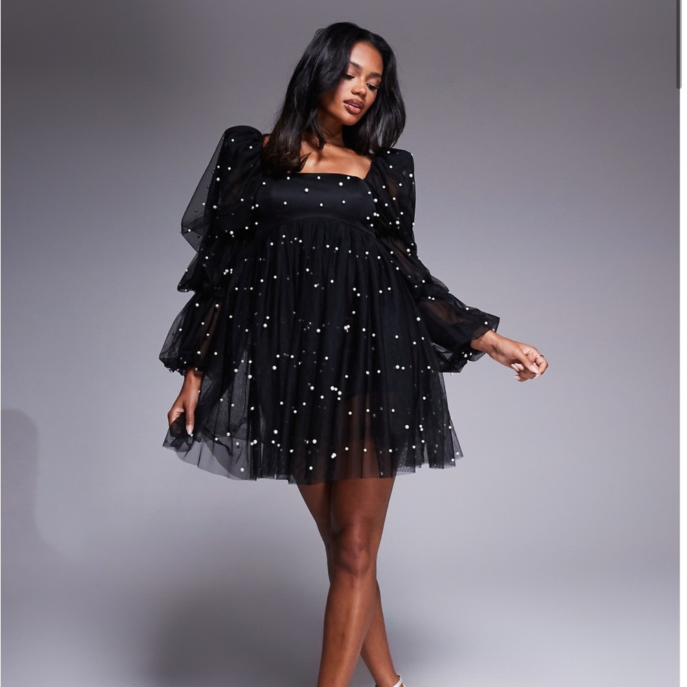 ASOS LUXE tulle baby doll dress with pearl embellishment in black